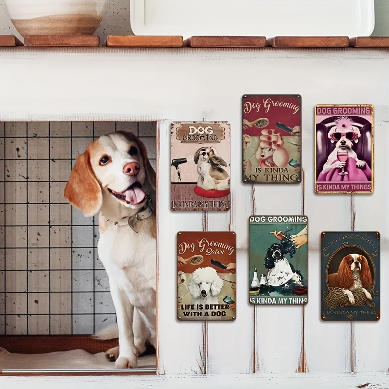 6pcs Set, Dog-Themed Barber Shop Wall Art Hanging Sign - Fun Pet Metal Sign, Pet Salon Retro Metal Trim, Suitable for Home Decor