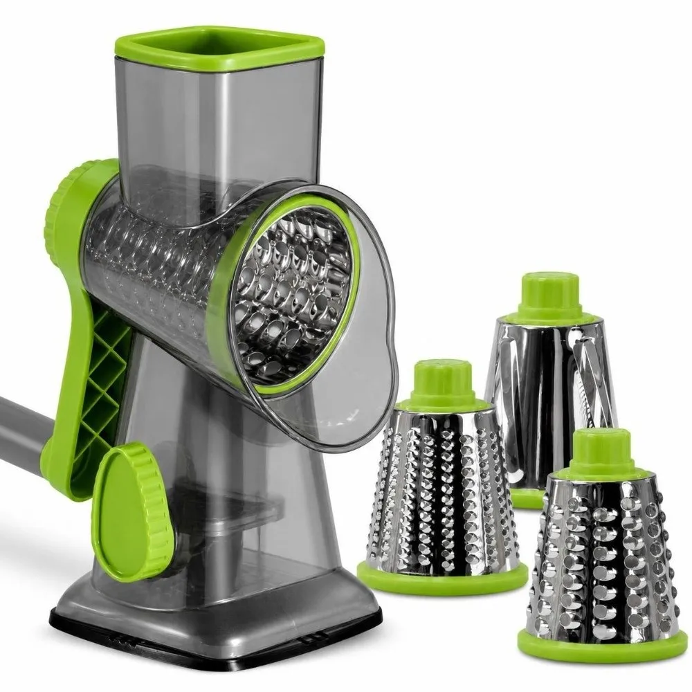 Versatile 3 in 1 Rotary Cheese Grater Clear 3 Sharp Drums Peanut Nuts Grinder Julienne Vegetable Shredder Garlic Potato