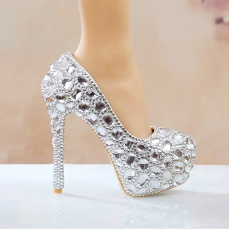 Party Wedding Women Pumps PU 11CM Thin High Heels Pointed Toe Shallow Slip-On New Crystal Shoes Shoes for Women Silvery