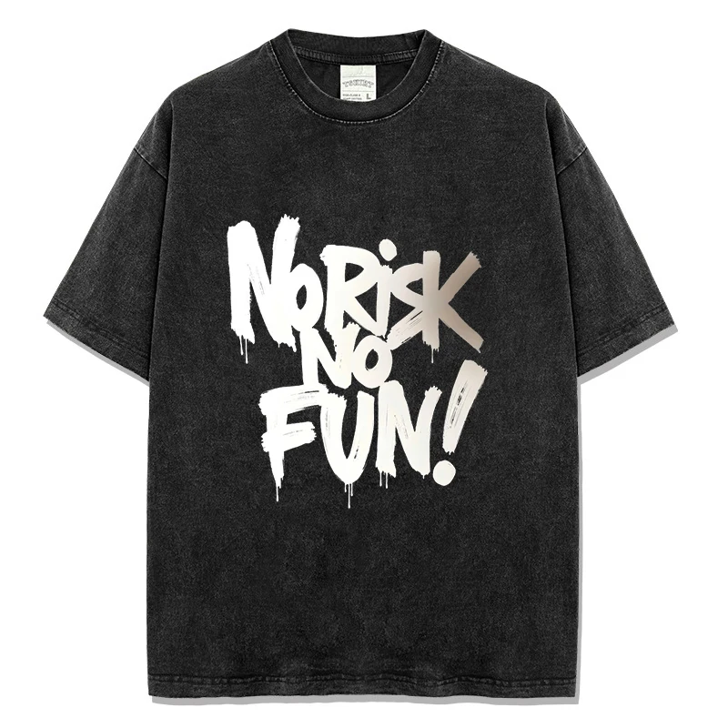 

No Risk No Fun Letters Print Men's Casual T-shirt Washed Color Designer Short Sleeve T Shirt Hip Hop Man Harajuku Y2k Tops