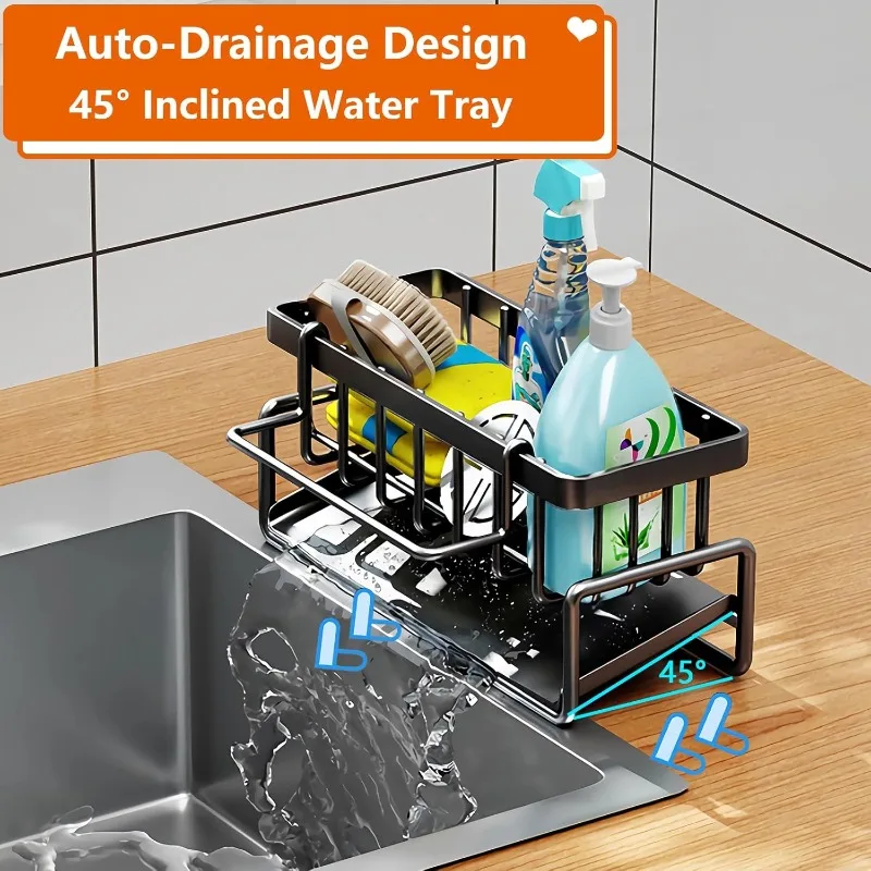 Carbon Steel Compact Tap-Mounted Spice Shelf Sink Organizer with Drainage Rack Space-Saving Kitchen Storage Utensils Accessories