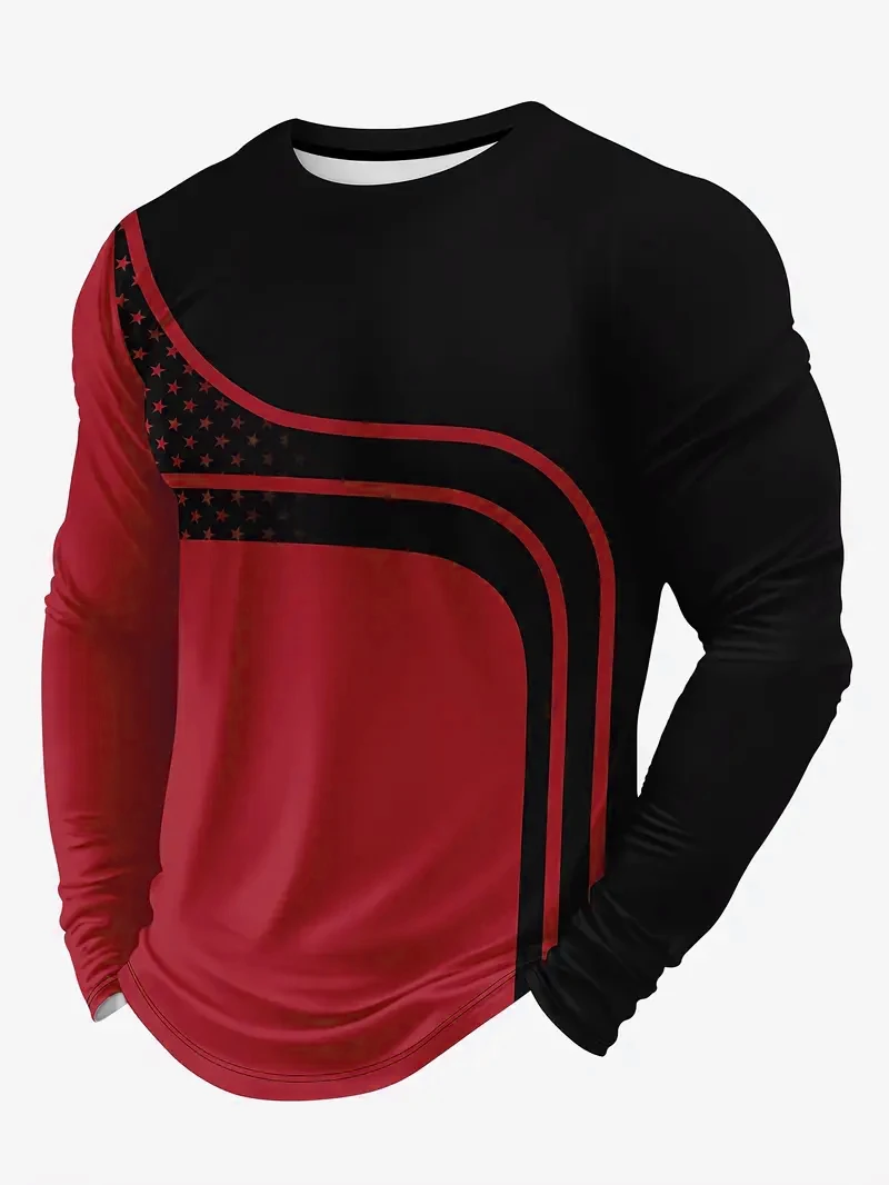 

Men Clothes Long Sleeve Round Neck Tops T Shirt Men Casual 100% Polyester Medium Elasticity Sport Tops Digital Print T Shirt