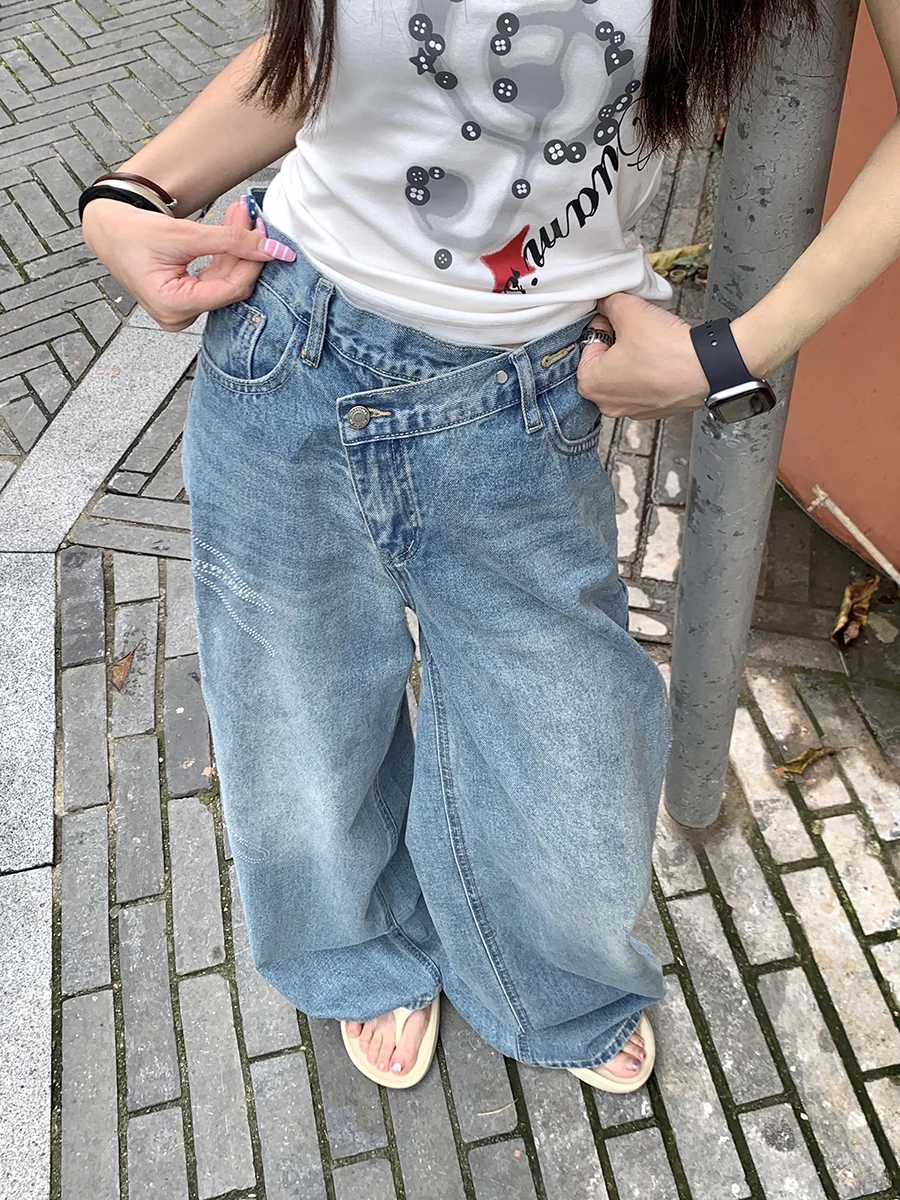 

Lazy Glitter Letter Jeans Women's Summer Loose BF American Retro Versatile Floor-Length Wide Leg Pants Trendy