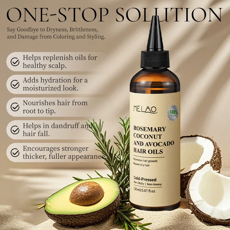 Rosemary, Coconut & Avocado Hair Oil - Repairs Frizz & Nourishes Scalp for Soft, Healthy Hair