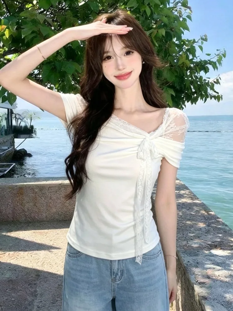 

Korean Style Spicy Girl One Shoulder Short Sleeve T-Shirt Women Summer Sweet Waist Design Lace Splice Bare Shoulder Top