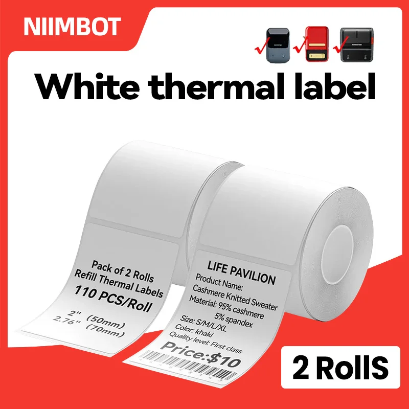 Niimbot 2 рулона, белая водонепроницаемая бумага, наклейка для этикета, мини-портативный рулон термопринтера для B1 B21