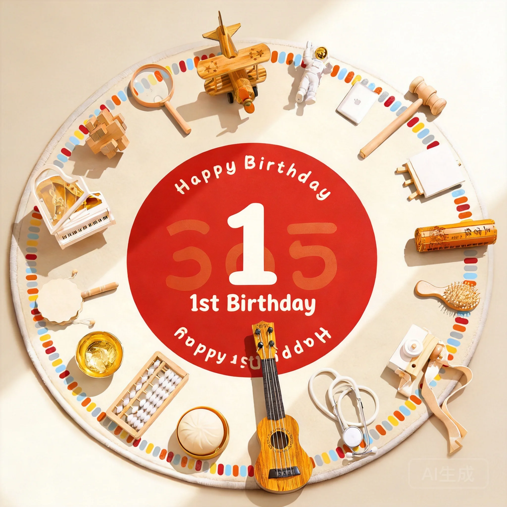 Chinese Style Natural Wooden First Birthday Zhuazhou Props Full Set With Round Mat Baby 1 Year Old Party Decoration Lucky Auspic