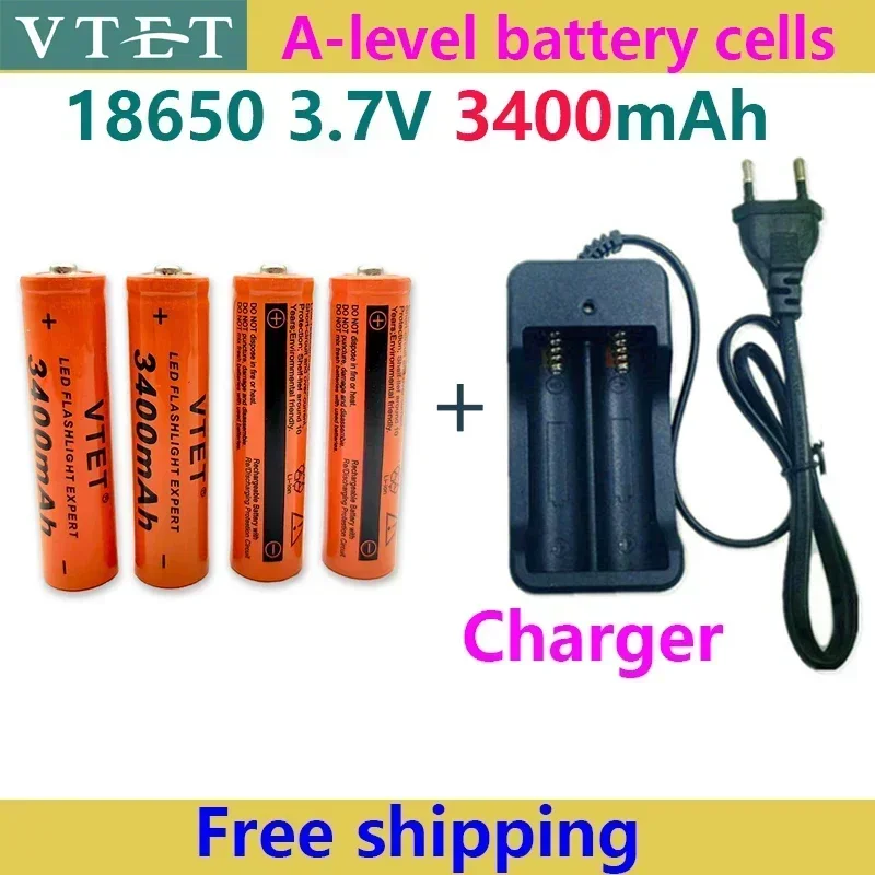 3.7V 18650 3400mAh Capacity Li-ion Rechargeable Battery 18650 Battery Rechargeable Battery for Flashlight Torch Battery+Charger