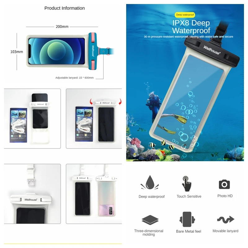 7.0 inch Waterproof Phone Bag Touchscreen Overall View 3D Seaside Camping Skiing Swimming Diving Phone Case Holder Luminous