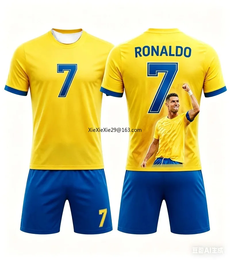 Tendances de la mode estivale AI très demandées #   Ronaldo # Ensemble de 7 t-shirts à manches courtes et shorts de football pour adultes, tenue parent-enfant pour enfants et adultes