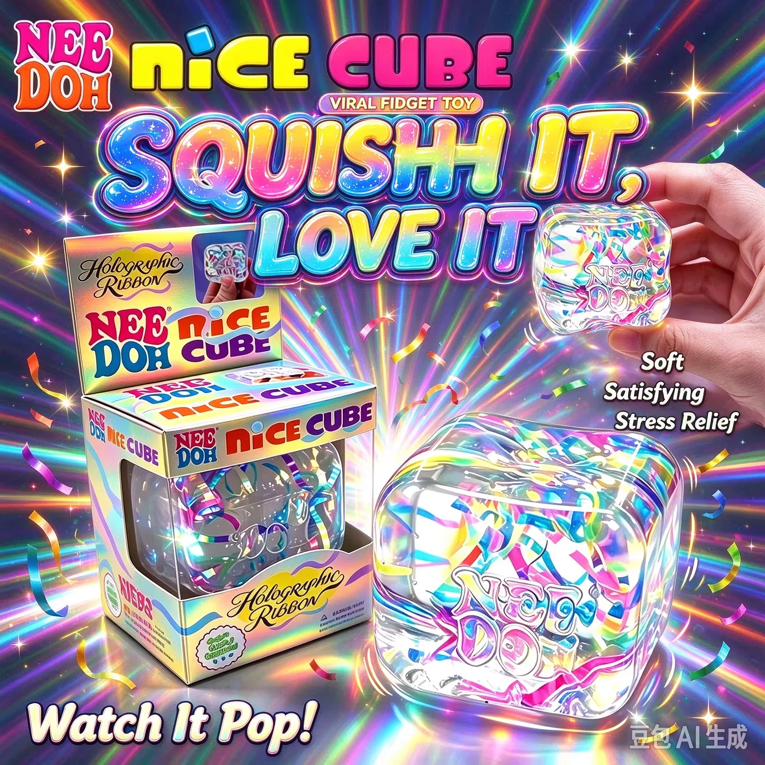 2026 Needoh Holographic Ribbon Squeeze Sensory Colorful Knead Stretch Anxiety Relief ADHD Fidget Leisure Adult Gift
