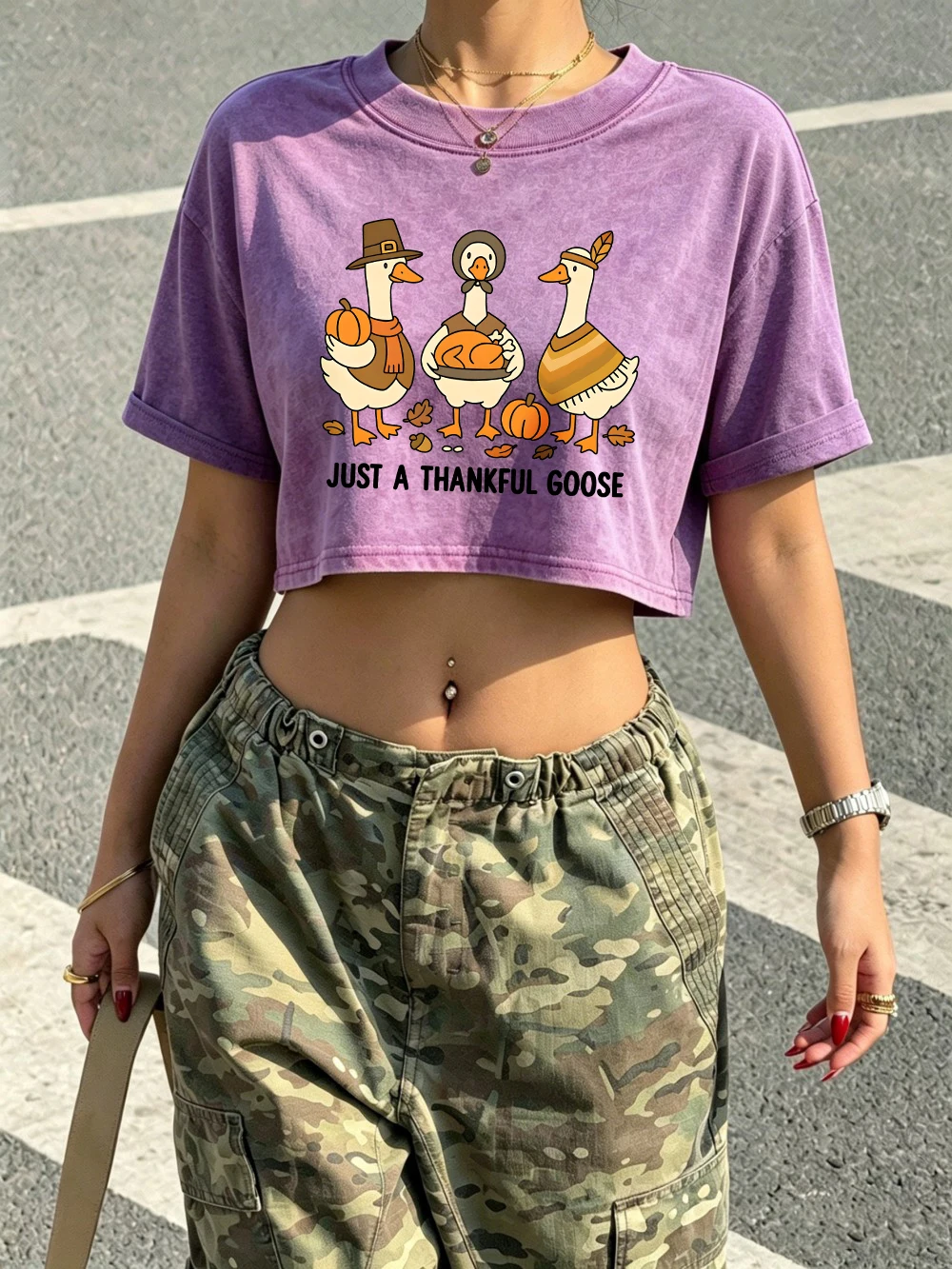 Just A Thankful Goose Prints Crop Tops Women Summer Cotton Washed T-Shirt Street Regular Fit O-Neck Tees Basic Womans Clothes