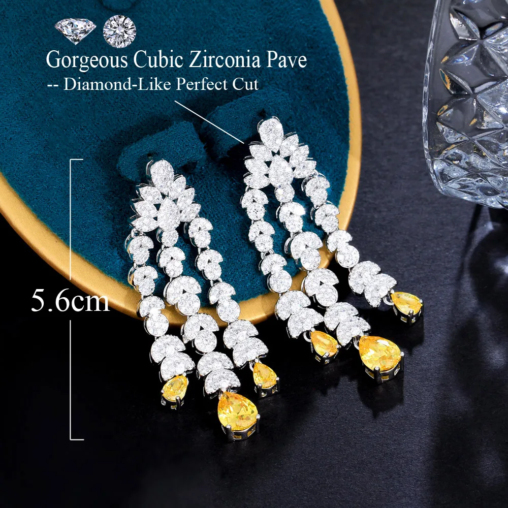 CWWZircons Glitzernde gelbe Wassertropfen-Zirkonsteine, lange, hängende, fransige Kronleuchter-Ohrringe für Damen, Hochzeit, Braut, Großhandel E0951 – Detail 2