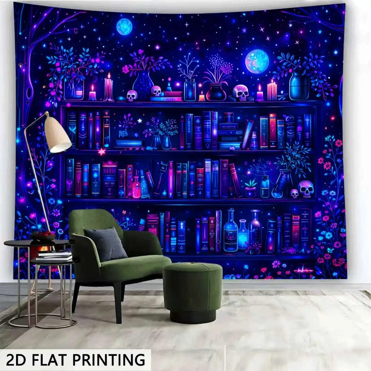 Cosmic Galaxy Library Tapestry Wall Hanging Blue Bookshelf Fantasy Academia Sci-Fi Starry Night Sky Home Decor Room Decoration A