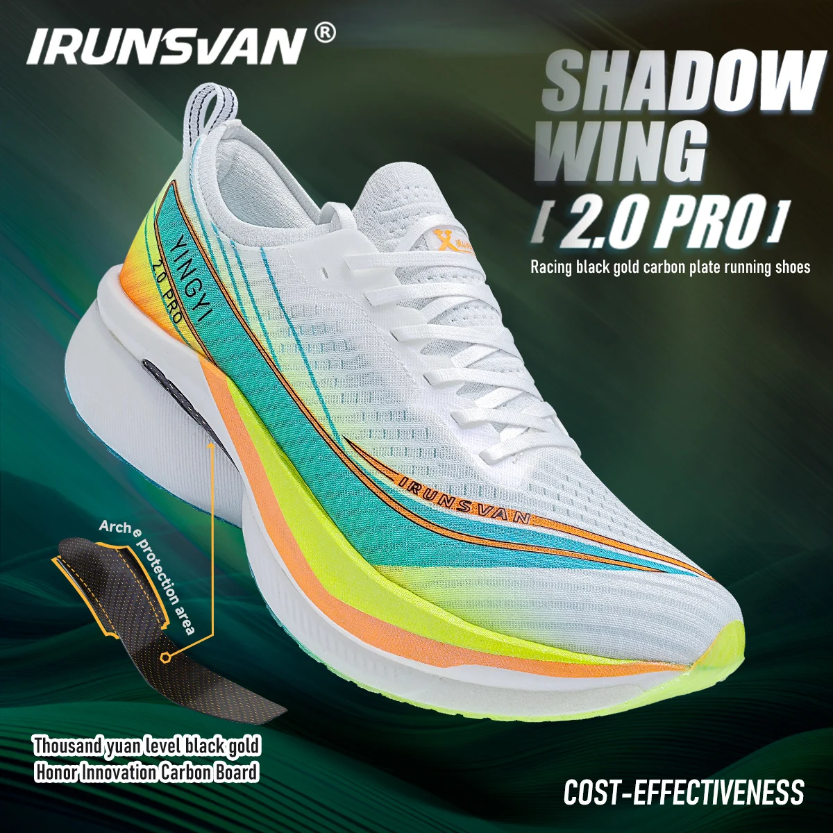 IRUNSVAN Shadow Wing 2.0 Pro Racing Full Palm Black Gold Carbon Board Running Shoes Shock Absorbent Marathon Sports Shoes Men's