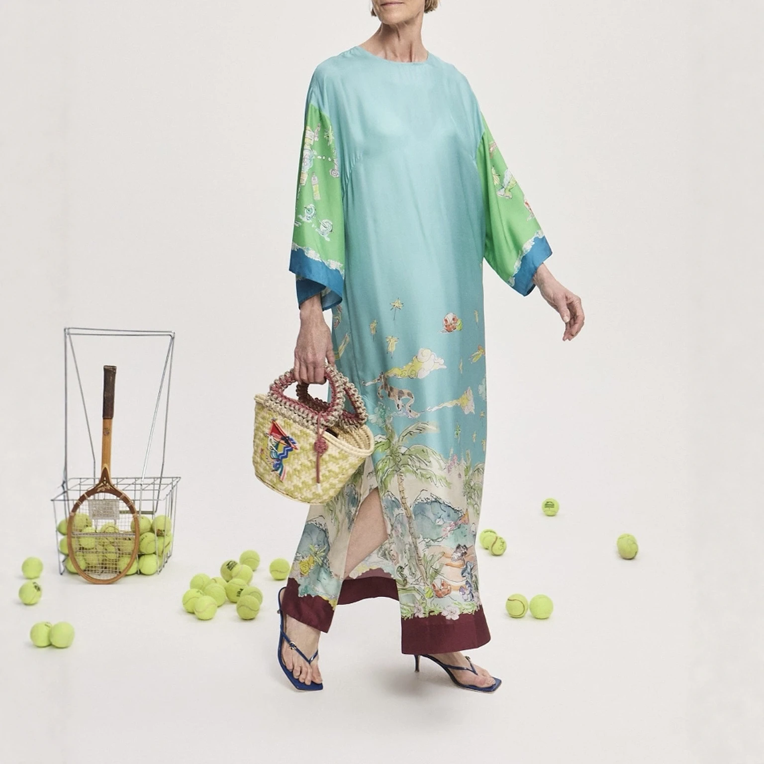 여름 신상 슬레 앰버 블루 실크 새틴 롱 프린트 드레스 여성용 루즈 매듭 캐주얼 올매치 여름 드레스