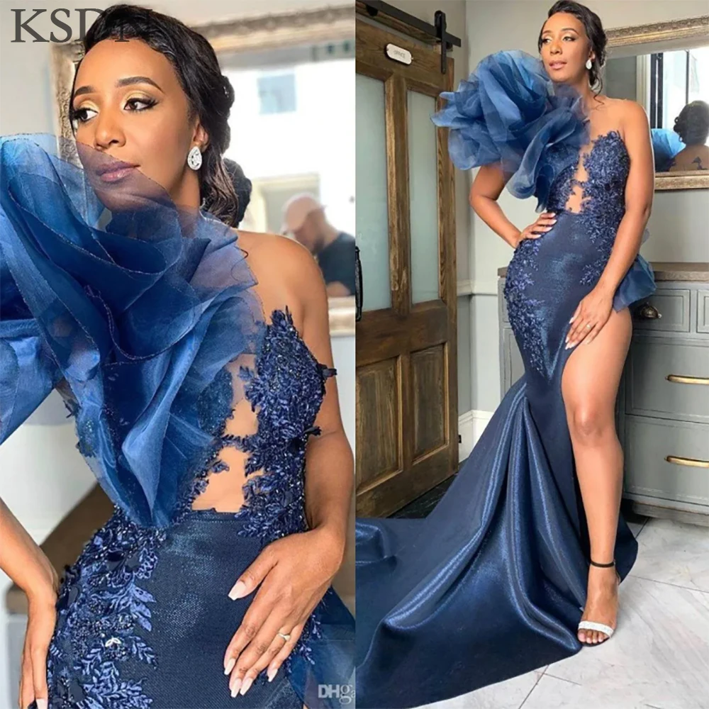 KSDN Elegant Evening Dresses Fashion Side Split Lace Chapel Train Appliques Gowns Special Occasion Customzied Prom Prty Dress