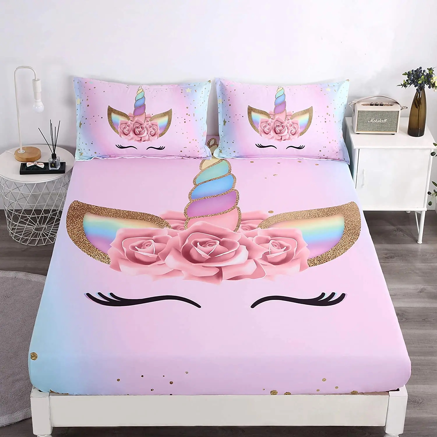 Unicorn Fitted Sheet Set Kids Girls Pink Unicorn Soft Microfiber Bedding All-Round Elastic Pocket Fitted Sheet Set for Girls Kid