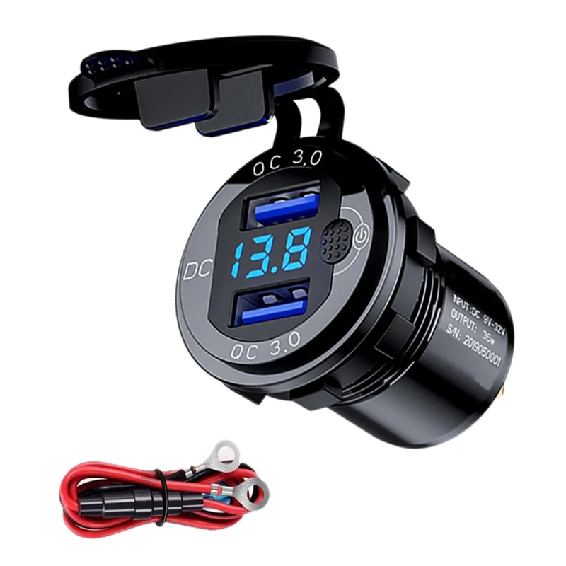 

QC 3.0 Dual USB Car Charger Socket 12V/24V USB Charger with Contact Switch for Boat Motorcycle Truck Golf Cart