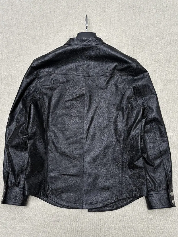 Leisure Stand Collar Long Sleeves Male Genuine Leather Jacket Solid Color Cowhide Pockets Single Breasted Slim Outerwear