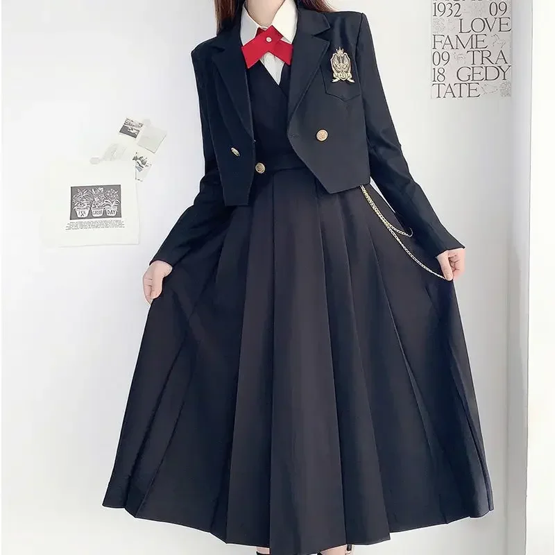 2022 Japanese Kawaii JK Uniform Strap Dress Bow Tie Y2K Female Student Loose Dress One-piece Suit Preppy Style WOMEN's Clothing