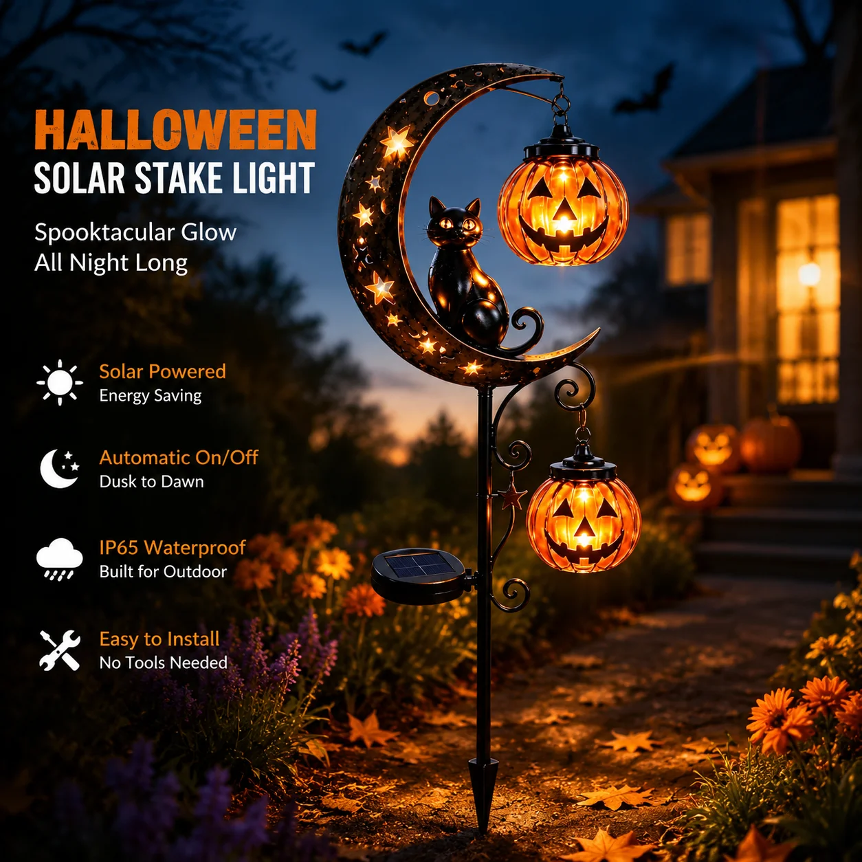 Solar Halloween Pumpkin Moon Light Garden Lawn Light Waterproof Metal LED Yard Decoration for Pathway Patio Lawn Walkway Decor