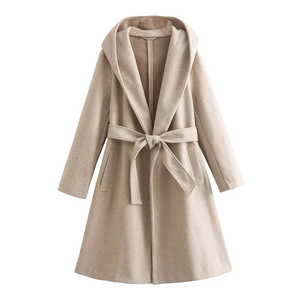 PB&ZA 2023 Autumn and Winter New Women\'s Fashion and Temperament Mid Length Belt Loose Coat Hooded Woolen Coat