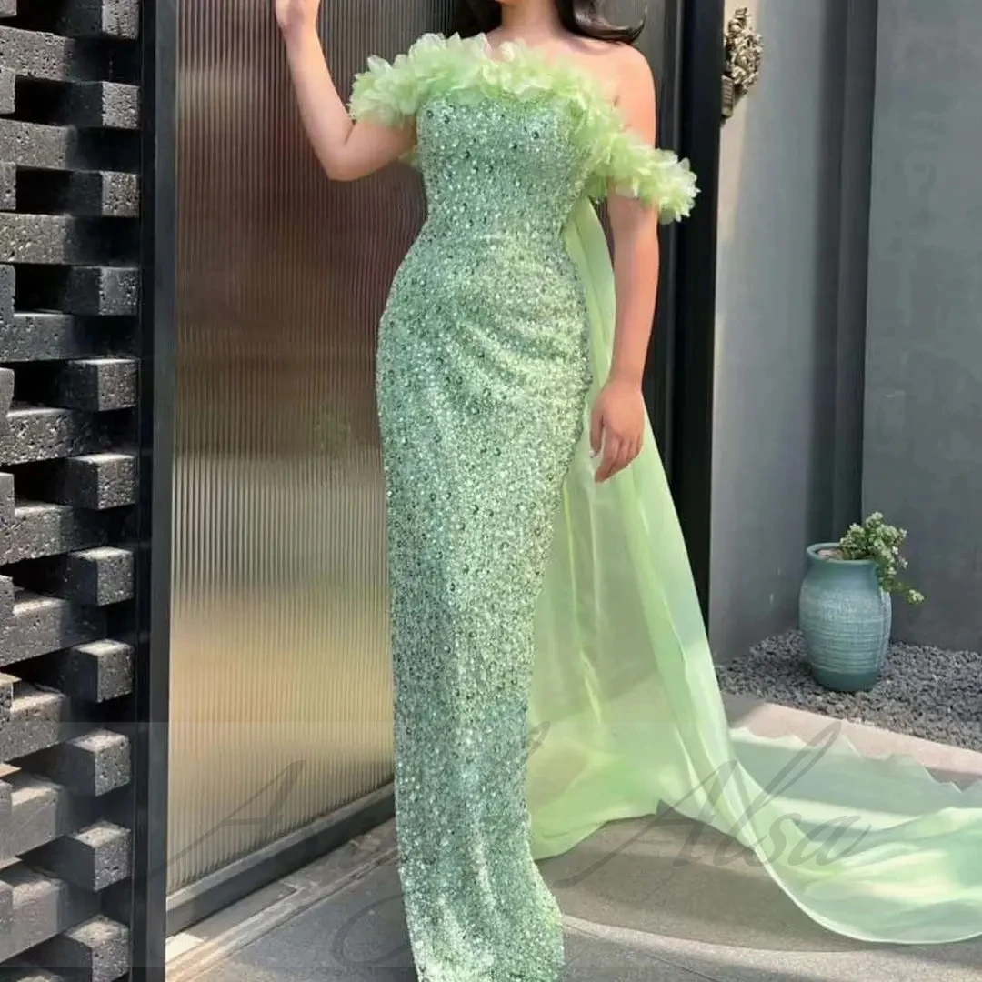 

Customized Lime Green Women Evening Dresses With Cape 2025 Off Shoulder Sequined Mermaid Long Prom Formal Occasion Wear Party