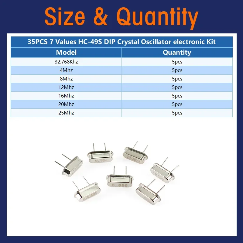 35pcs/Lot Crystal Oscillator Electronic Kit, HC-49S 7 kind DIP Quartz Oscillator 32.768Khz 4Mhz 8Mhz 12Mhz 16Mhz 20Mhz 25Mhz