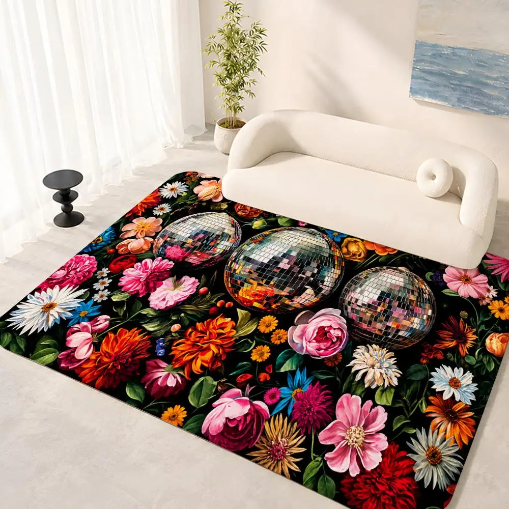 Florals With Shiny Disco Spheres Floor Mat Flannel Rug Soft Non Slip Washable Door Mat For Bathroom Bedroom Kitchen Home Decor