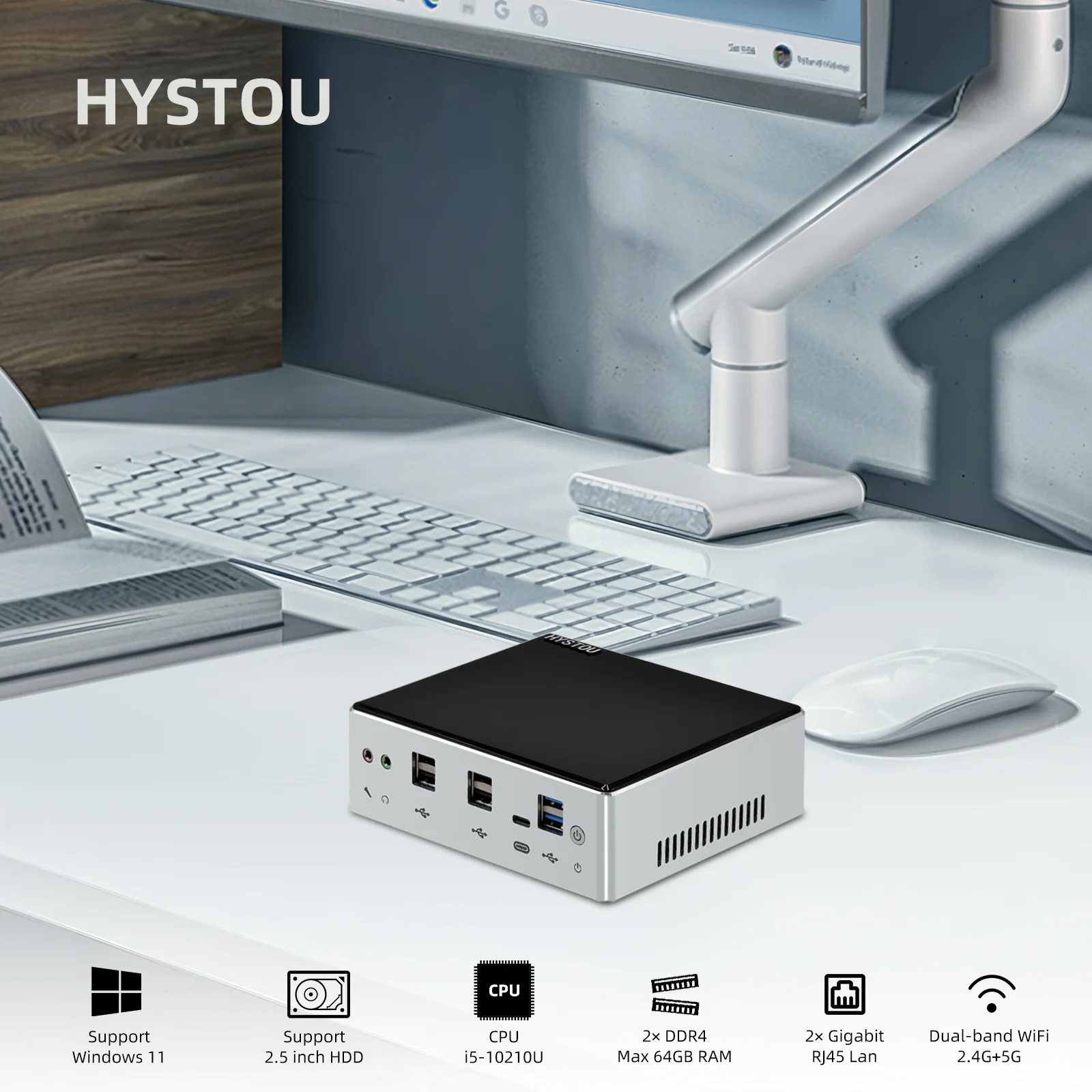 HYSTOU 10th Gen Mini PC Intel Core RAM DDR4 16G SSD 256G M.2 NVME HD DP 8 * USB 1 * ประเภท C Windows10 Linux สำนักงาน