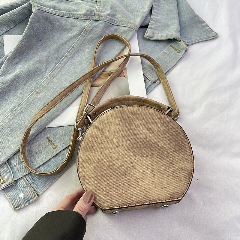 Runde Handtasche Retro Shoudler Taschen für Frauen 2024 Mini kleine Umhängetasche klassische Pu Griff Geldbörse Bolasas runde Einkaufstasche – Detail 15