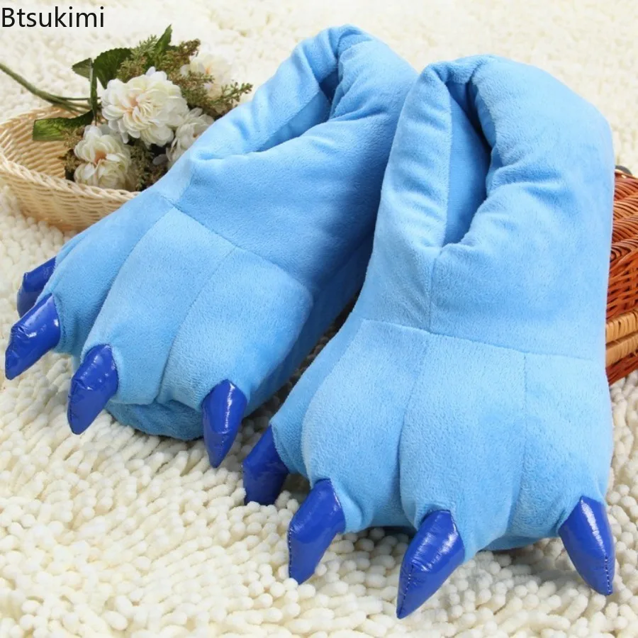 New Winter Warm Soft Indoor Floor Slippers Parent Child Shoes Paw Funny Animal Christmas Monster Dinosaur Claw Plush Home Shoes view 3