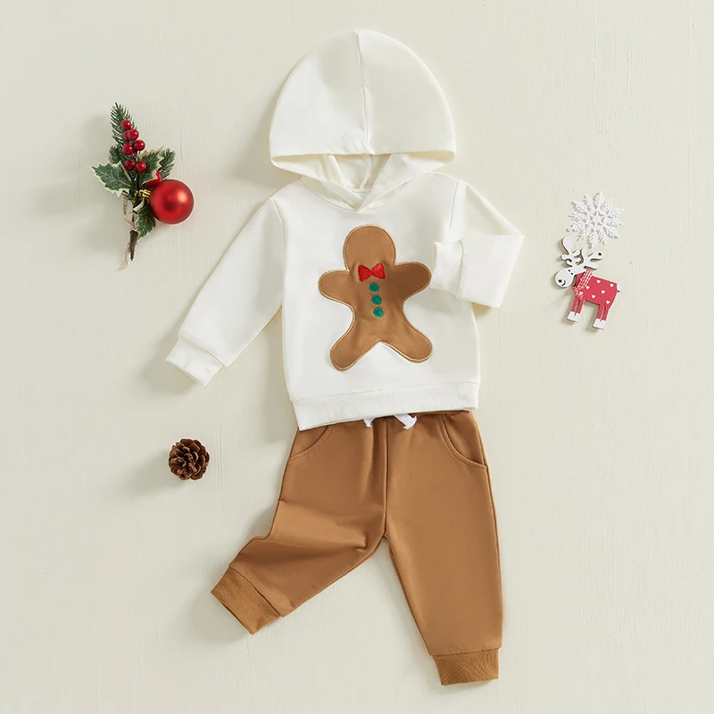 Toddler Girl Boy Christmas Outfits Gingerbread Man Pattern Long Sleeve Hoodies with Solid Color Pants Set