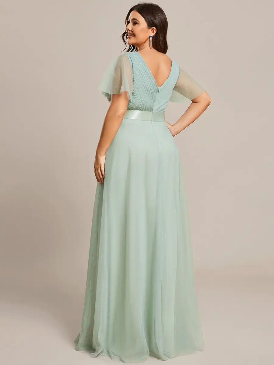 Plus Size Evening Dresses A-line V neck Lotus Leaf Sleeves Empire Chiffon 2024 ever pretty of Mint Gree Elegant Women Prom Dress