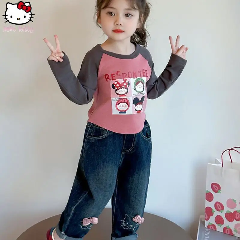 

Cartoon Girls Hello Kitty Bow Jeans Kawaii Spring and Autumn Anime New Wide Leg Pants Sanrio Student Fashion Soft Straight Pants