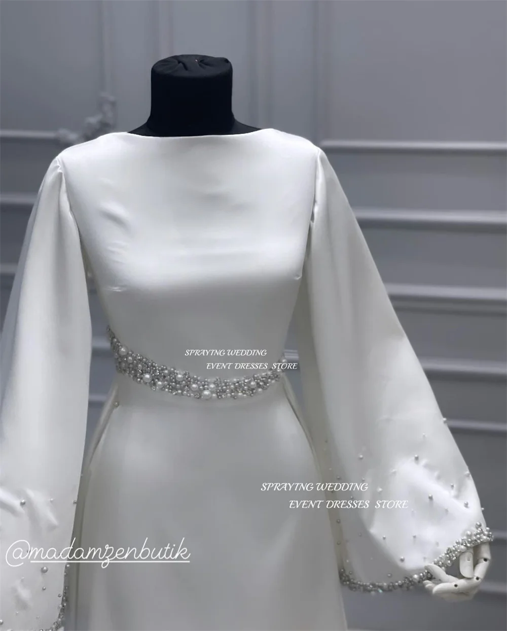 SPRAYING Elegant Shiny Pearl A Line Wedding Dress O Neck Long Sleeve For Women Dresses Floor Length Train Soft Satin Prom Gown