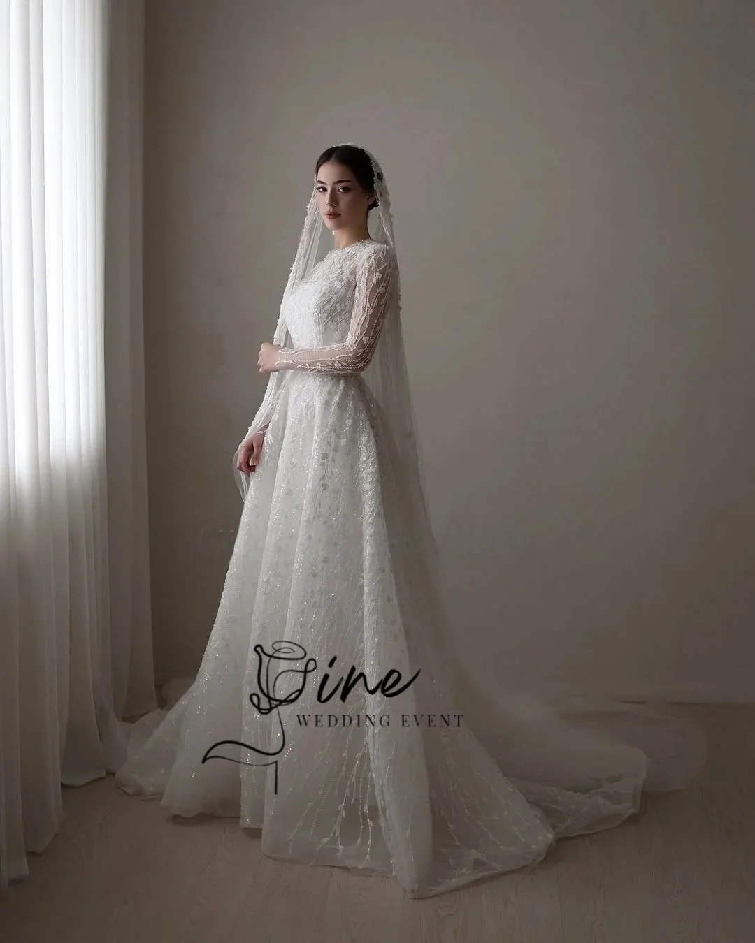 Oine New Luxury Shiny O-Neck Wedding Dress Delicate A-Line Long Sleeve Sweep Train Beading Lace Customized 2026 Vestido De Novia