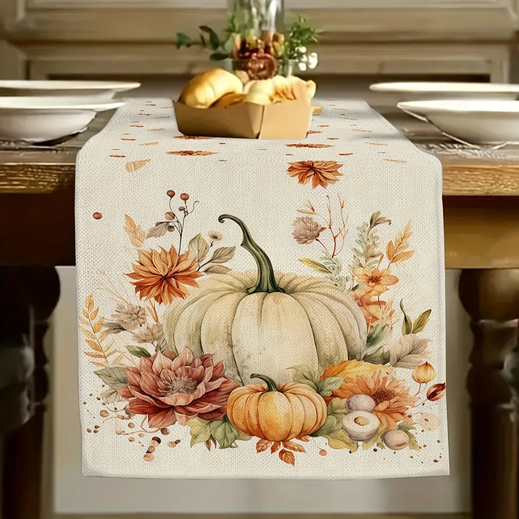 1 Piece of Autumn Pastoral Table Runner, Painted Pumpkin, Flowers, Autumn Leaves, Suitable for Restaurant, Home, Picnic, Harvest Party, Market Decoration.