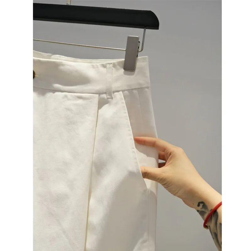 SuperAen 2023 Autumn Fashion Simple Diagonal Buckle Design Cotton Wide Leg Casual White Pants for Women