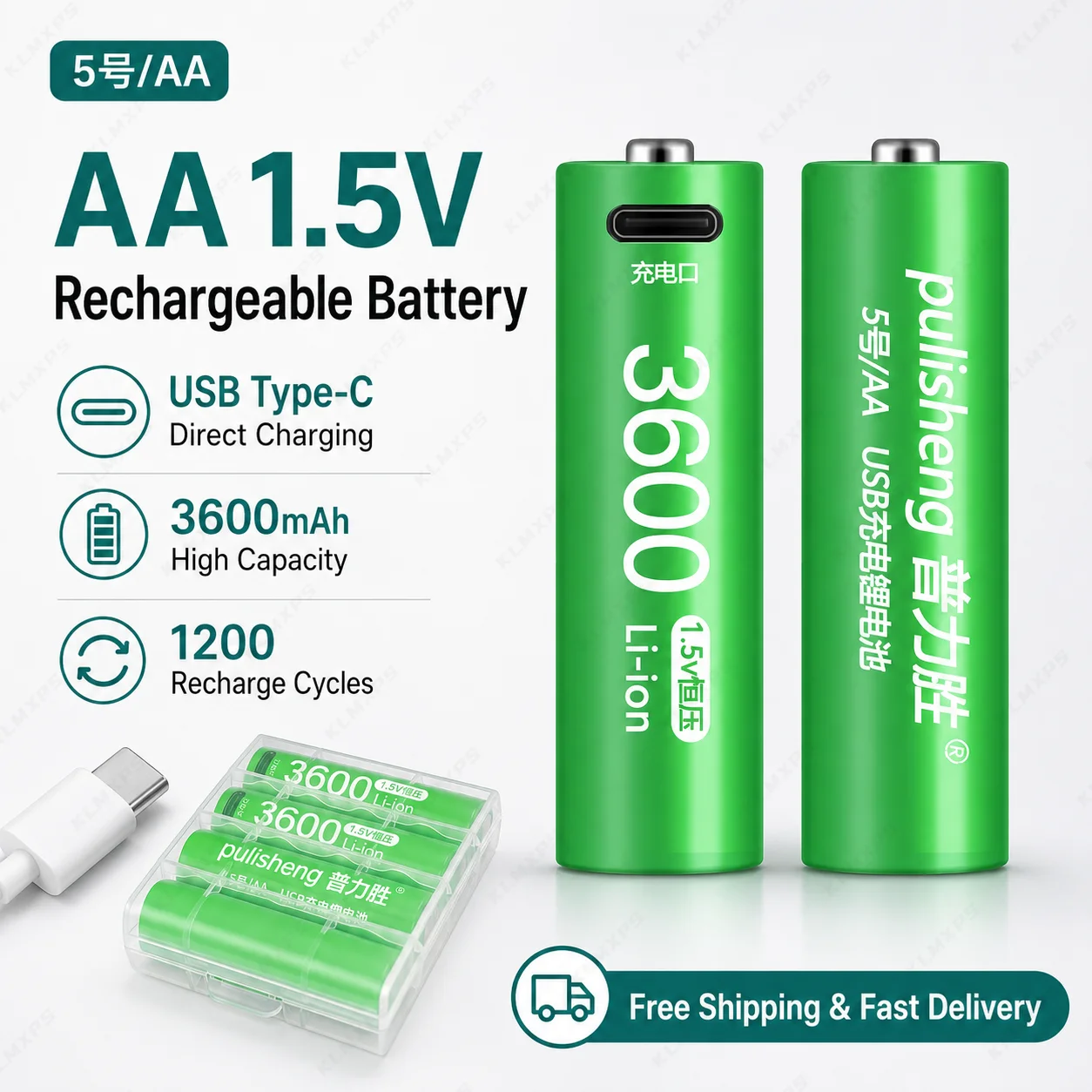 

AA 3600mAh Rechargeable Lithium Battery 1.5V Constant Voltage High Capacity Type C Fast Charging Fingerprint Lock Microphone Toy