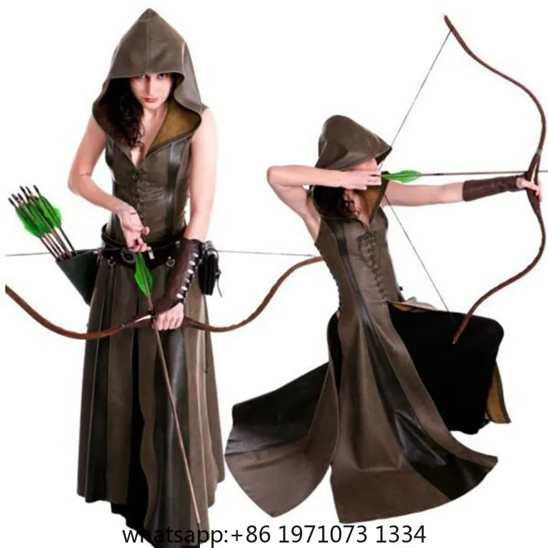Archer Ranger Elf Halloween Hobbit Costume Women Assassin Jerkin Huntress Dress Leather Hood Robin Robe Outfit For Adult