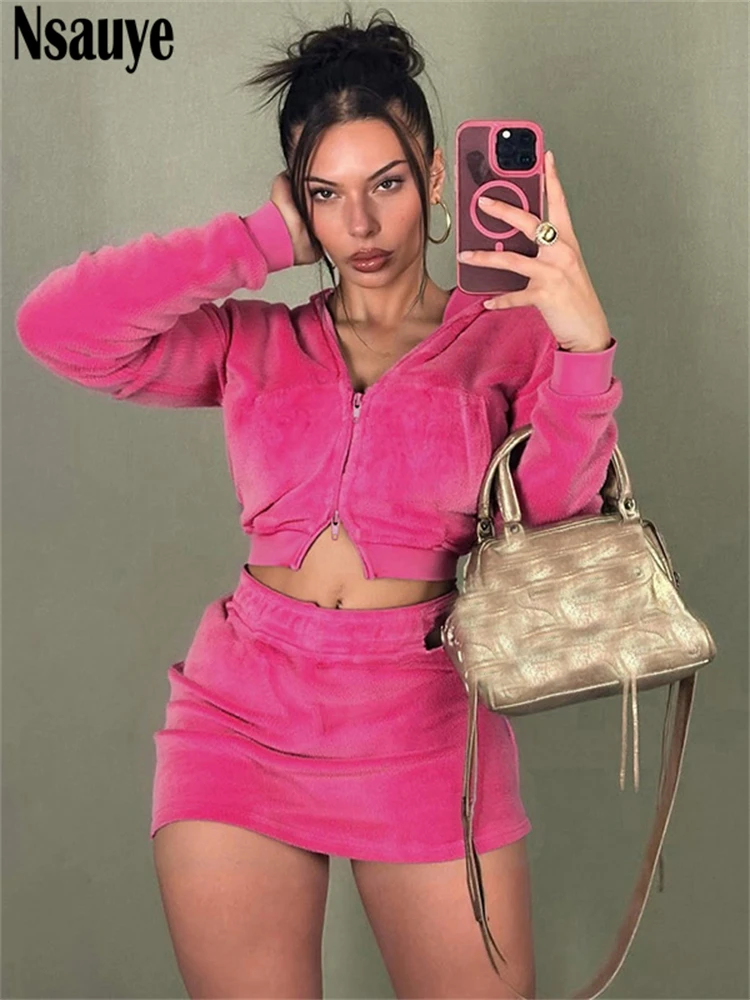 

Nsauye Sexy Sport Winter Cardigan Long Sleeve Tops Y2K Mini Streetwear Women Velvet Skirt New In Matching Two Piece Set 2025