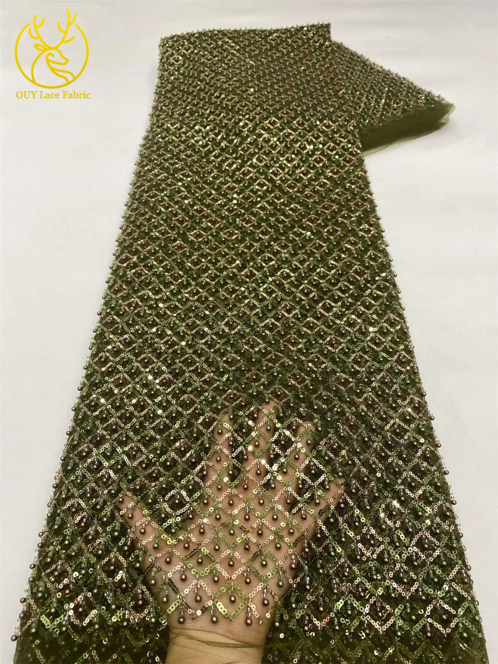 Olivgrüner afrikanischer Spitzenstoff, französischer Mesh-Spitzenstoff mit Pailletten und Perlen, Tüll-Mesh-Spitzenstoff für Damen, Hochzeitsfeier, Abendkleid, Nähen – Detail 10