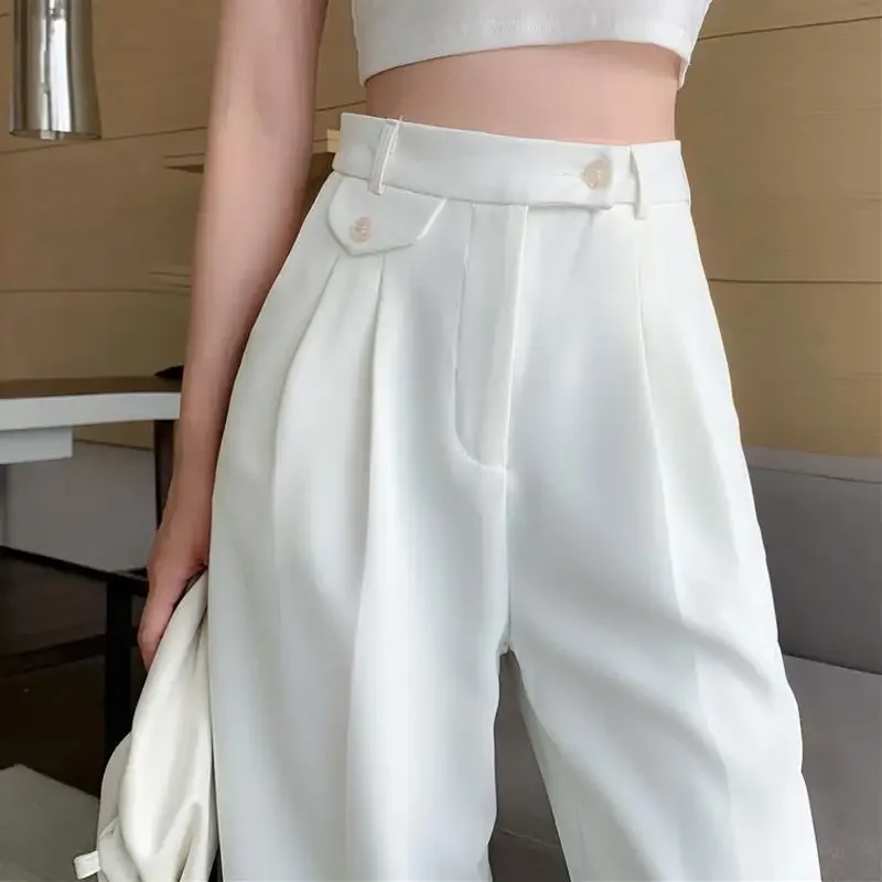 Pantalones de traje de pierna ancha drapeados blancos para mujer, pantalones holgados de cintura alta, rectos, informales, hasta el suelo, novedad de verano