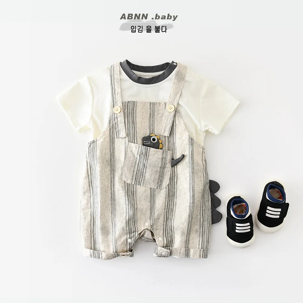 

2026 Baby Boys Summer Dinosaur Print Tee & Suspender Pants 2PCS Outfits Soft Cotton Cute Toddler Infant Daily Wear 0-3Y