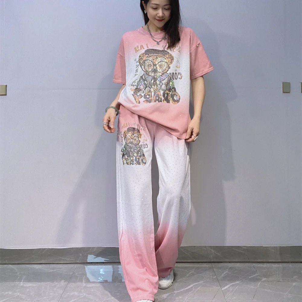 

Fashion Cartoon Diamonds Two Piece Sets Womens Outifits Tie Dye Short Sleeve Wide Leg Pant Suits Casual Knitting Women Tracksuit