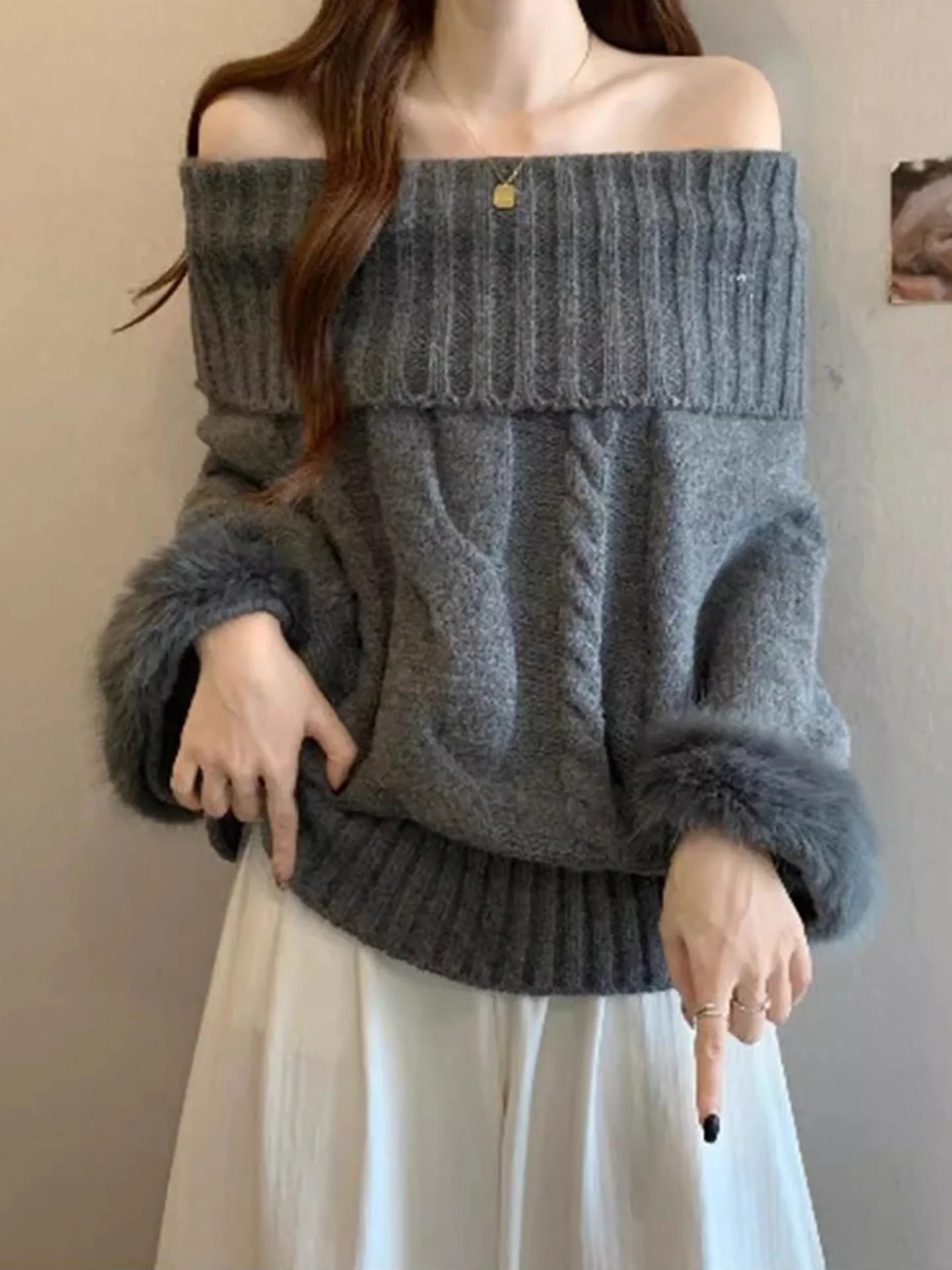 

Женский вязаный свитер на одно плечо свободного кроя, осенне-зимний, новый, больших размеров, удобный и легкий трикотажный топ