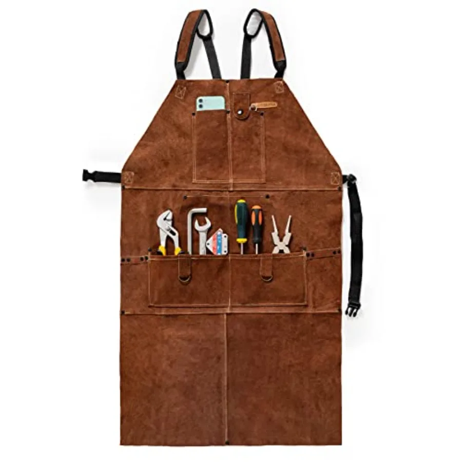 

Leather Welding Work Shop Apron with 6 Pockets Heat Flame Resistant Cowhide Welder Apron Heavy Duty Blacksmith Aprons Adjustabl