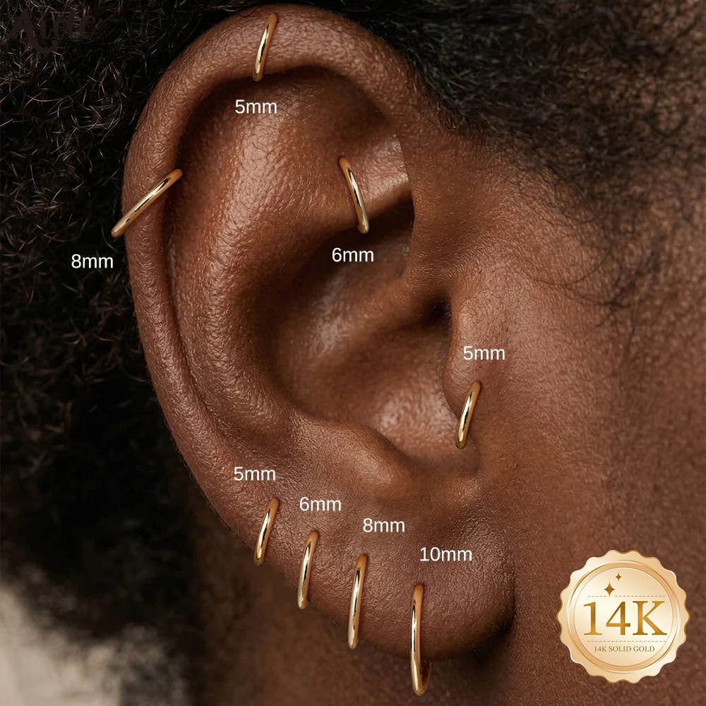 Aide - 1 Par de Pendientes de Aro Minimalistas de Oro Sólido de 14K para Mujer, 5/6/8/10mm, Pequeños Pendientes de Cartílago con Cierre a Presión para Mujer